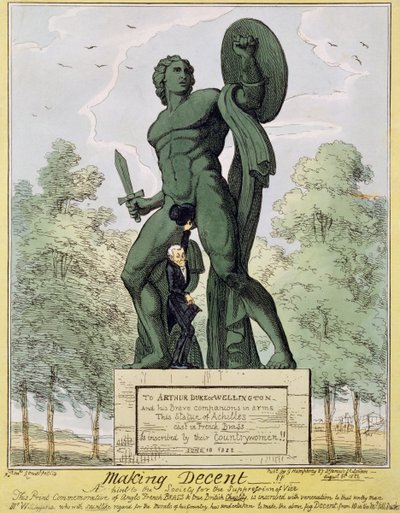 Making Decent, cartoon showing William Wilberforce covering up the statue of Achilles at Hyde Park Corner by English School